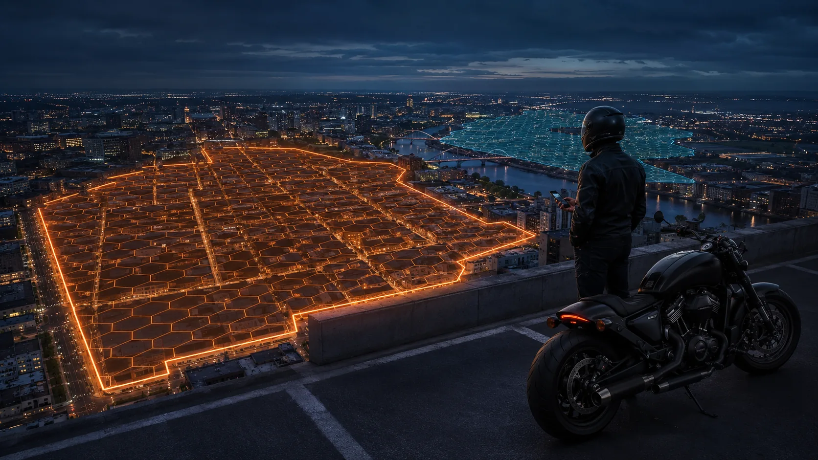 Illustrative campaign scene of a parked motorcycle and rider overlooking orange and cyan territories