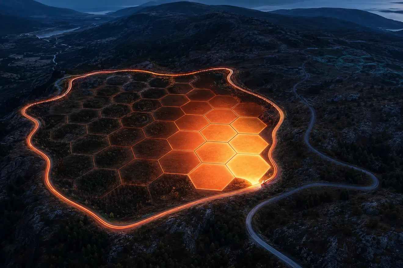 Illustrative aerial campaign scene of an orange closed loop enclosing territory cells