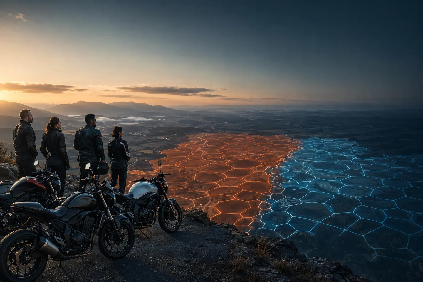 Campaign concept artwork of four riders overlooking orange and cyan territories