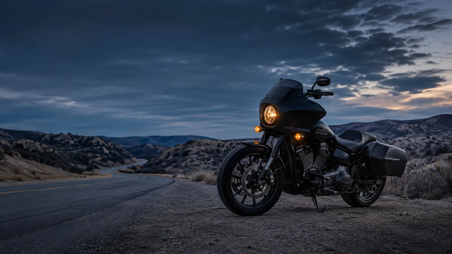 Illustrative campaign scene of a parked motorcycle beside an open mountain road