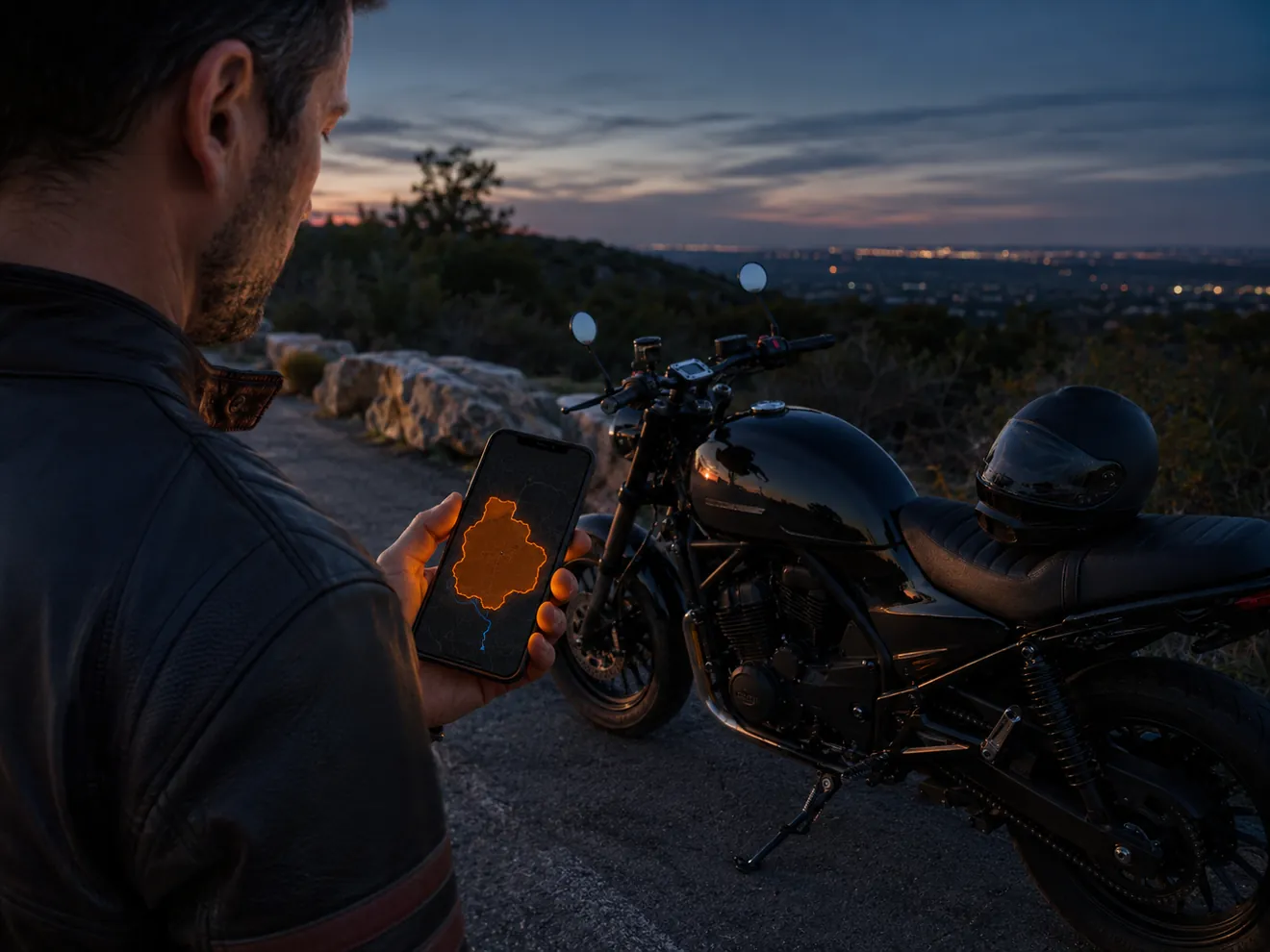 Illustrative campaign scene of a parked rider checking an orange territory result on a phone