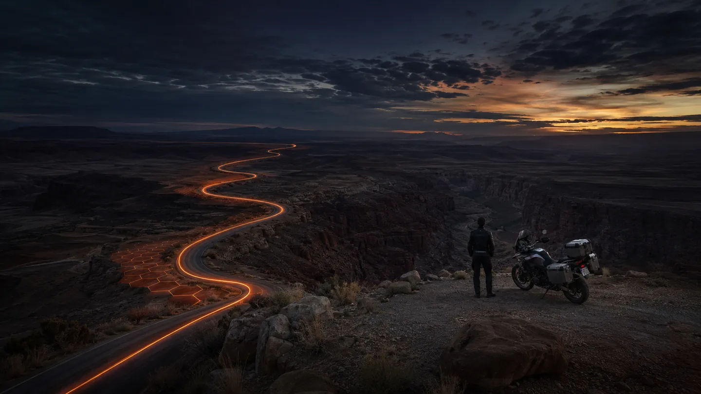 Illustrative campaign scene of an orange route winding toward a parked motorcycle